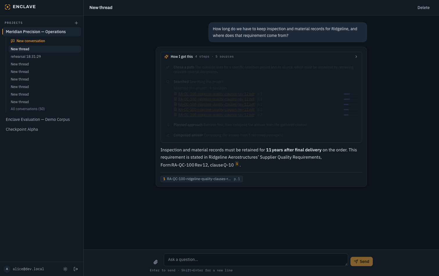 The Enclave chat application answering a records-retention question with a cited answer and an expandable 'How I got this' reasoning trail showing the four steps and five sources consulted.